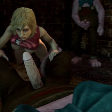 dead by daylight, konami, silent hill, silent hill 2, silent hill 3, cheryl mason, heather mason, robbie the rabbit, big penis, blonde hair, blowjob, breasts, clothed, costume, creampie