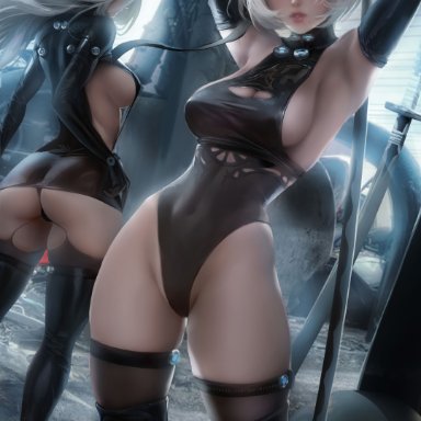 nier: automata, yorha 2b, yorha a2, sakimichan, 2girls, arms up, big breasts, black gloves, black legwear, black panties, black thighhighs, black thong, cleavage, cleavage cutout, elbow gloves