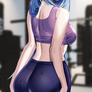 aqua (konosuba), adamant369, hanasaka houcha, 1girls, ass, big ass, big butt, blue eyes, blue hair, breasts, butt, eye contact, female, grabbing own ass, gym clothes