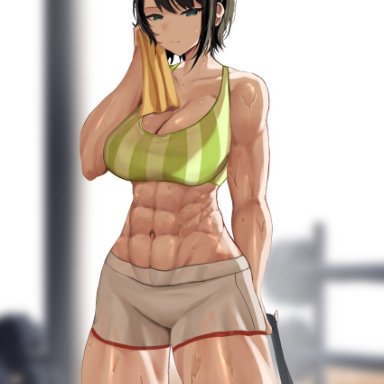 hololive, oozora subaru, ryo (ryo artys), 1girls, abs, black hair, bra, clothed, clothing, fully clothed, green eyes, looking at viewer, muscular female, short hair, shorts