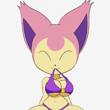 nintendo, pokemon, pok&#233;mon (species), skitty, tansau, 1girl, 1girls, animal ears, anthro, anthro only, areolae, belly button, big breasts, bikini, blank background