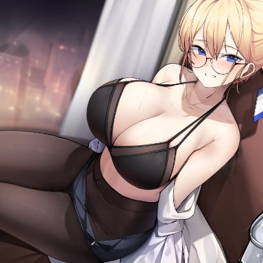 original, original character, ddangbi, 1girls, black bra, blonde hair, blue eyes, blush, bra, breasts, cleavage, female, female only, glasses, hips