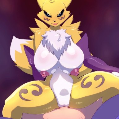 bandai namco, digimon, digimon (species), renamon, orange-peel, anthro, anthro on human, anthro penetrated, big breasts, blue eyes, blush, bodily fluids, breasts, canid, canine
