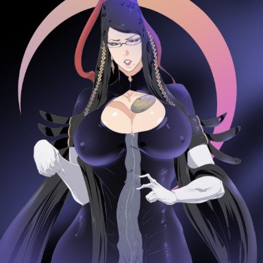 bayonetta, bayonetta (character), tenchizone, 1futa, big breasts, big penis, black hair, breasts, cleavage, clothed, clothing, erection, erection under clothes, fully clothed, futa only