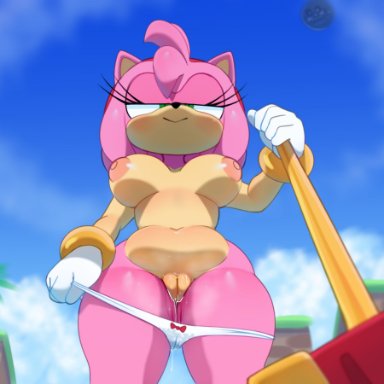 sega, sonic (series), sonic the hedgehog (series), amy rose, somescrub, anthro, areola, bedroom eyes, big breasts, bodily fluids, bracelet, breasts, clothed, clothing, eulipotyphlan