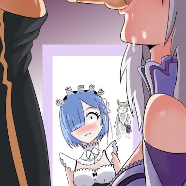 emilia (re:zero), puck (re:zero), rem (re:zero), suzuhachi, 1boy, 2girls, after blowjob, after ejaculation, after facial, after fellatio, after oral, betrayal, blowjob, blush, blushing at another