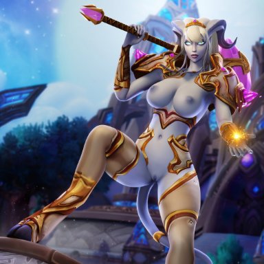 blizzard entertainment, world of warcraft, draenei, yrel, lidcarter, 1girls, armor, armored boots, armpits, athletic female, blue eyes, blue skin, boots, breasts, breasts out