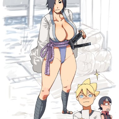 boruto: naruto next generations, naruto, naruto (series), naruto shippuden, shounen jump, sarada uchiha, sasuke uchiha, sasuko, uzumaki boruto, magi, 1boy, 2girls, asian, asian clothing, asian female