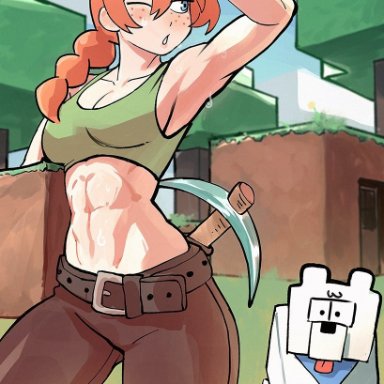 minecraft, alex (minecraft), original character, colodraws, nagrolaz, alternate costume, armpits, bracelets, breasts, canine, freckles, fully clothed, gloves, grass, muscular female