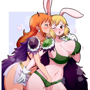 one piece, carrot (one piece), nami, simmsy, 2girls, anthro, big breasts, blush, breasts, female, female only, fingering, fingering from behind, furry, hand in panties