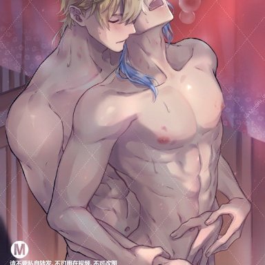 genshin impact, ayato (genshin impact), thoma (genshin impact), 2boys, gay, handjob, male only, reach around, yaoi, censored, mosaic censoring