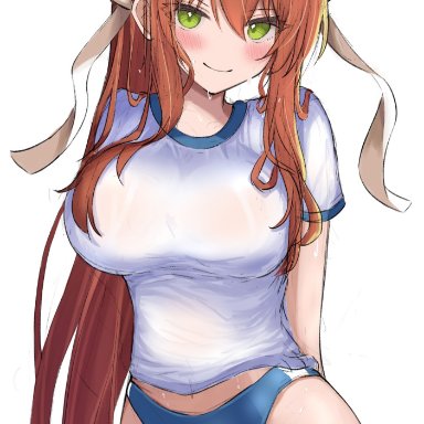 doki doki literature club, yon4444444, 1girls, big breasts, breasts, brown hair, female, female focus, female only, green eyes, hair ribbon, huge breasts, long hair, solo, thick thighs