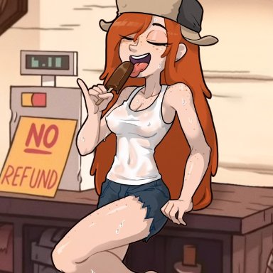 disney, disney channel, disney xd, gravity falls, wendy corduroy, centinel303, barefoot, breasts visible through clothing, cash register, closed eyes, eating food, enjoying, full body, ice cream, pointy breasts