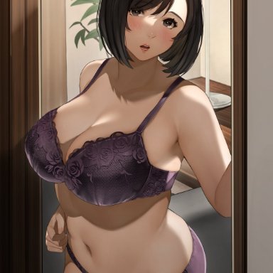 original, original character, sakuranotomoruhie, 1girls, bangs, big breasts, black hair, blush, bra, breasts, cleavage, female, female focus, indoors, large breasts