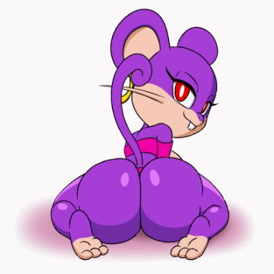 pokemon, pok&#233;mon (species), rattata, tansau, anthro, ass, bedroom eyes, big ass, bouncing ass, breasts, buckteeth, clothing, crop top, ear piercing, ear ring