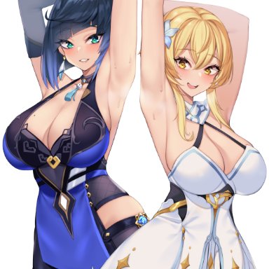 genshin impact, lumine (genshin impact), yelan (genshin impact), kuavera, 2girls, arm up, armpits, black hair, blonde hair, blush, breasts, cleavage, clothed, clothed female, female