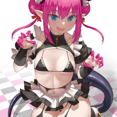 fate/grand order, fate (series), elizabeth bathory (fate), uo denim, 1girls, blue eyes, breasts, dragon girl, dragon horns, dragon tail, female, female only, flat chest, high heels, horns