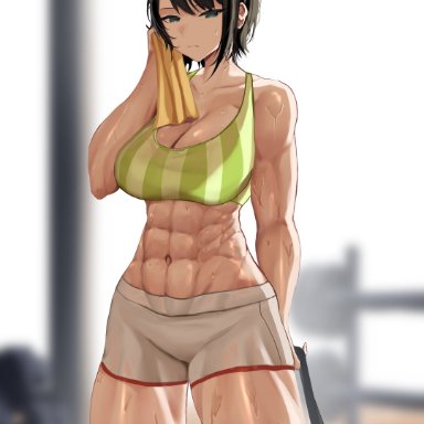 hololive, oozora subaru, ryo (ryo artys), abs, bag, black hair, blurry, blurry background, bra, breasts, cleavage, female, green bra, green eyes, holding