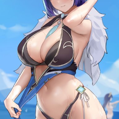 genshin impact, raiden shogun, yelan (genshin impact), shikube, 2girls, beach, big breasts, bikini, breasts, busty, cleavage, clothing, curvy, female, female only