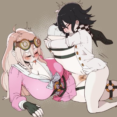 danganronpa, danganronpa v3, iruma miu, ouma kokichi, nuclearwasabi, 1boy, 1girls, barbed wire, black hair, blonde hair, blush, bottomless, choker, clevage, closed eyes