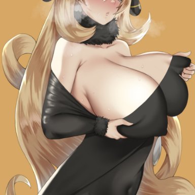 pokemon, cynthia (pokemon), tomi27, 1girls, arched back, areolae, bangs, bare shoulders, belly button, big breasts, black fur, blonde hair, blush, breast grab, breast squeeze