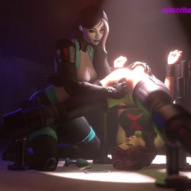 fortnite, black widow (marvel), domino, domino (marvel), tumtumisu, 2girls, bondage, bondage harness, female, female/female, female only, femdom, femsub, fingering, helpless