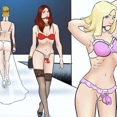 artist request, ball gag, blonde hair, bra, chastity, chastity cage, chastity device, cock cage, fashion show, femboy, gag, panties, pink chastity cage, public, red hair