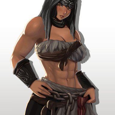 elden ring, nepheli loux, nyiccco, abs, black hair, brown body, brown eyes, chains, dark-skinned female, fur trim, headband, headwear, looking at viewer, muscles, muscular