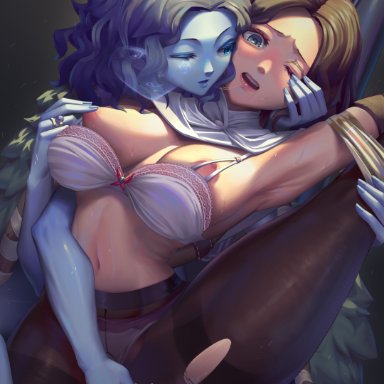 elden ring, melina (elden ring), ranni the witch, &#21313;&#19971;&#20113;&#32043;, 2girls, after kiss, armpits, blue eyes, blue hair, blue nails, blue skin, bra, breasts, brown hair, cloak