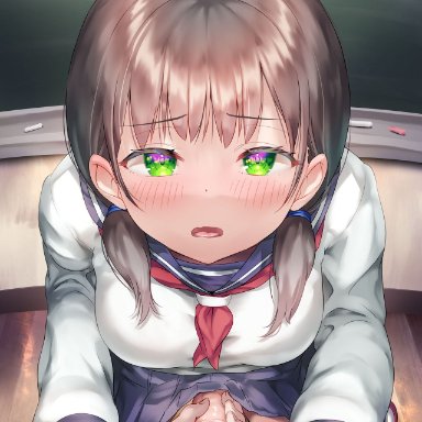 ayanakitori, 1futa, big penis, blush, breasts, brown hair, classroom, close-up, clothed, clothing, erection, erection under skirt, futa focus, futanari, handjob