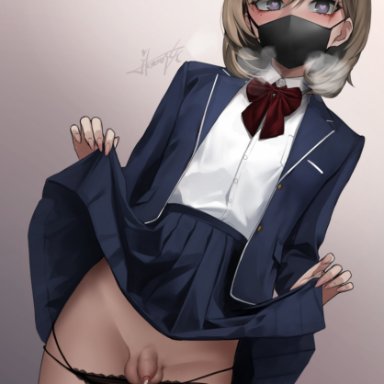 ikemeru19, ass, balls, big eyes, black panties, black underwear, blue eyes, blue jacket, blue skirt, blush, brown hair, cum, cum drip, cum dripping, cum dripping from penis