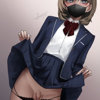 ikemeru19, ass, balls, big eyes, black panties, black underwear, blue eyes, blue jacket, blue skirt, blush, brown hair, dripping, dripping precum, face mask, femboy