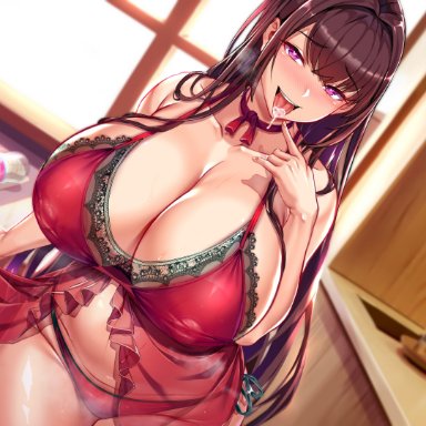 original, cor369, apron, baby bottle, bbw, big breasts, blush, bra, breath, brown hair, choker, cleavage, detailed background, female, female only