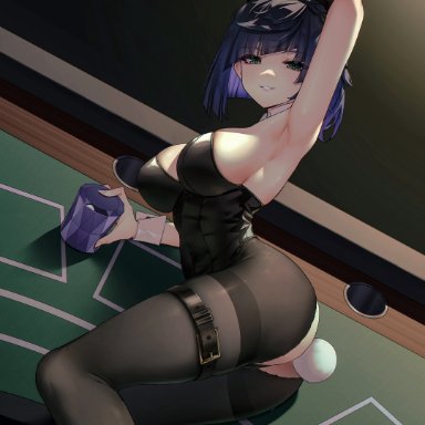 genshin impact, yelan (genshin impact), hundun no bifang, 1girls, armpits, arms up, ass, bangs, big breasts, black background, blue hair, blush, braid, braided hair, breasts