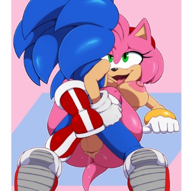 sega, sonic (series), sonic the hedgehog (series), amy rose, sonic the hedgehog, bigdon1992, accessory, anthro, anthro on anthro, anthro penetrated, anthro penetrating, anthro penetrating anthro, areola, backsack, balls