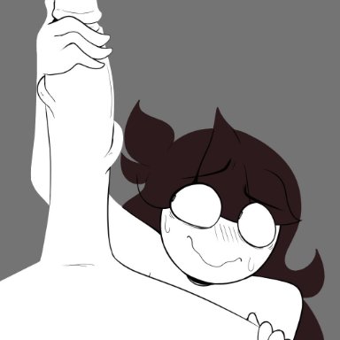 jaiden animations, youtube, jaiden, vaz0v, 1boy1girl, big penis, blush, brown hair, fully clothed, grey background, handjob, happy, huge cock, large penis, long hair