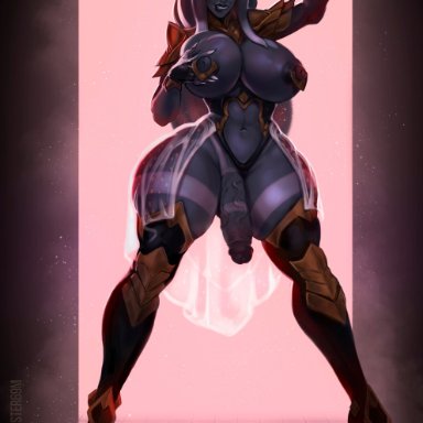 mister69m, 1futa, areolae, big breasts, big penis, breasts, curvy, erection, futa only, futanari, grey skin, high heels, horns, hourglass figure, huge breasts