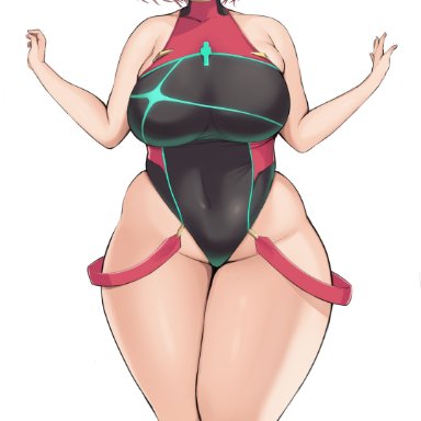 xenoblade chronicles (series), xenoblade chronicles 2, pyra, neneneji, bangs, bare arms, bare shoulders, blush, breasts, closed mouth, covered navel, curvy, eyebrows visible through hair, female, hair ornament