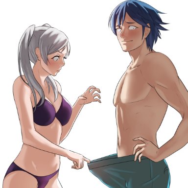 fire emblem, fire emblem: awakening, nintendo, chrom, chrom (fire emblem), robin (fire emblem), robin (fire emblem) (female), pomelomelon1, 1boy, 1girls, alternate costume, bikini, blue eyes, blue hair, blush