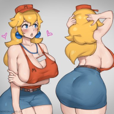 mario (series), nintendo, super mario bros., princess peach, elijahzx, 1girls, ass, blonde hair, blue eyes, breasts, cleavage, earrings, fast food employee, fast food uniform, female