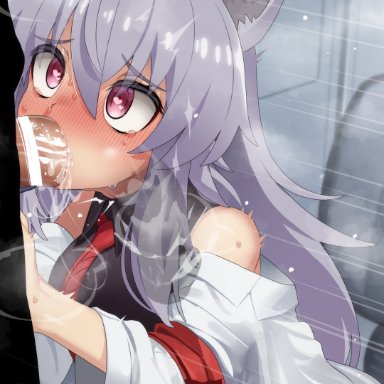 wolf bete, mizumizuni, 1boy, 1girls, animal ears, big penis, blowjob, blush, breasts, clothed female, deepthroat, fellatio, heart-shaped pupils, heavy breathing, huge cock