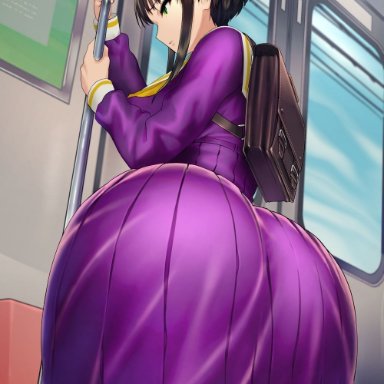 dokiyuri, big ass, female, green eyes, huge ass, purple clothing, school uniform, schoolgirl, train interior, wide hips