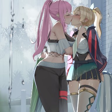 hololive, hololive english, kazama iroha, mori calliope, monobe, monobe yuri, 2girls, blonde hair, clothed, clothed female, female, female only, hips, kissing, long hair