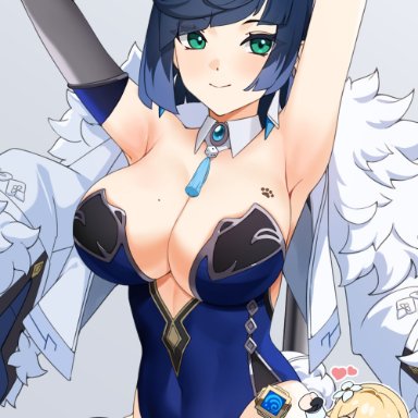 genshin impact, lumine (genshin impact), yelan (genshin impact), ett, 2girls, abs, armpits, arms up, bangs, big breasts, blue hair, blush, breasts, bunny ears, bunny girl