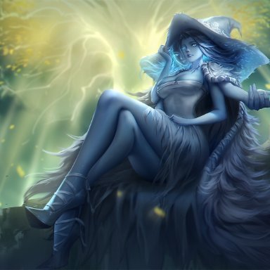 elden ring, fromsoftware, erdtree, ranni the witch, feng di, 1girls, big breasts, blue skin, cleavage, female, female only, legs, legs crossed, sideboob, witch hat