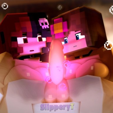 microsoft, minecraft, mojang, ellie walls, jenny belle, odyssey-ellie (artist), slipperyt, 1boy, 2girls, admiring, balls, bare shoulders, bell collar, big breasts, big penis