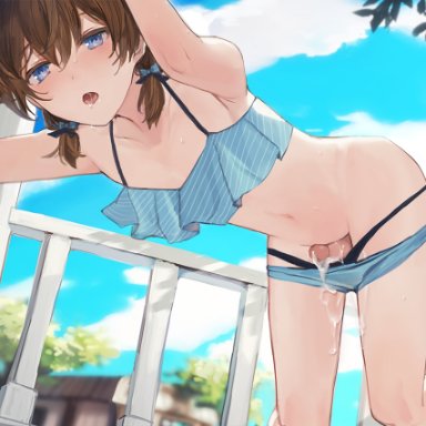 original, sunaba (nczd5875), 1boy, bikini, blue eyes, brown hair, clouds, cum, femboy, leaning forward, male, male only, navel, panty pull, penis