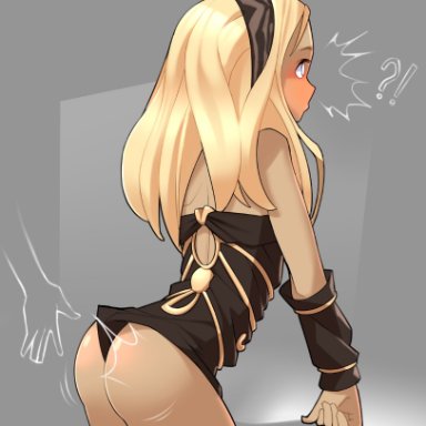 gravity rush, kat (gravity rush), nickleflick, 1girls, blonde hair, blush, dark-skinned female, dark skin, grey background, hairband, long hair, reddened butt, solo, solo female, spanked