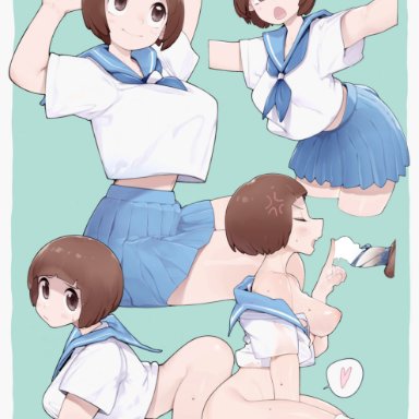 kill la kill, mankanshoku mako, aioi u, 1boy, 1girls, annoyed, blush, brown eyes, brown hair, heart, looking at viewer, nipples, partially clothed, short hair, smile