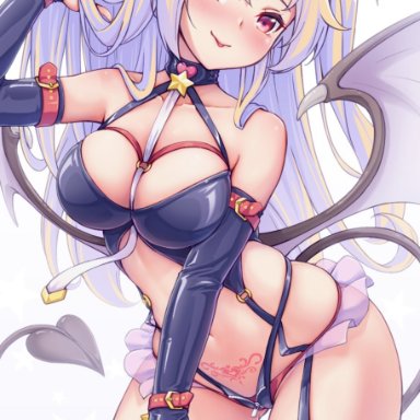 azur lane, cleveland (azur lane), yuki shizuku, 1girls, alternate breast size, bat wings, blonde hair, bondage outfit, breasts, bridal gauntlets, cowboy shot, demon girl, demon horns, demon tail, demon wings